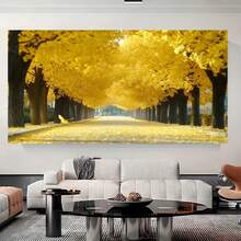 1 pieza de arte en lienzo con temática de otoño que muestra un camino de parque, enmarcado en madera. Destaca hojas amarillas brillantes contra un cielo azul, lo que lo convierte en una decoración de pared perfecta para tu sala de estar, dormitorio. - Enmarcado - Ver 3