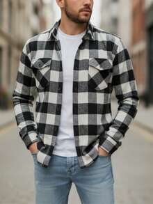 Men's Flannel Plaid Shirt With Pockets, Long Sleeves - 黑與白 - 查看 2