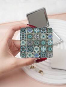 1 pièce Miroir de maquillage compact à motif floral bohème, pliable, léger, portable, en PU durable, convient pour les voyages, les fêtes, le travail, l'école, adapté à tous les âges - Multicolore - Voir 15