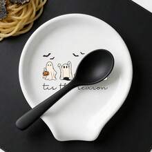 Cute Halloween Ghost Ceramic Spoon Rest, Minimalist Pumpkin Bat Design White Kitchen Counter Spoon Holder, Fall Cooking Decor Gift For Halloween Lovers - View 2