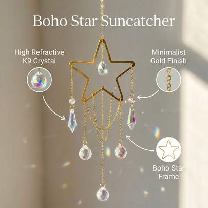 Bohemian Style Star Crystal Suncatcher Rainbow Maker, Vintage Luxury Glass Hanging Decor, Home Window Decoration, Creates Dreamy Lighting, Suitable As A Healing Gift For Girlfriends