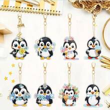 2D/Flat 8pcs Animal Theme DIY Diamond Painting Hanging Decor, Penguin Shaped Handmade Crystal Pendant, Diamond Painting Art Hanging Decor, Party Decoration Charm, DIY Crystal Backpack Accessory, Diamond Painting Home Decor, Suitable As Gift For Friends, Perfect For Crafting Hobbyists And Beginners, Includes Keychain And Keyring, Improve Handicraft Skills - View 8
