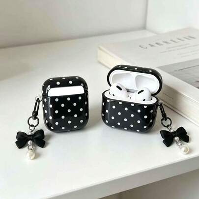 1pc Black 4 Case With Smooth White Polka Dot Pattern + Matching Pearl Strap Earphone Case Compatible With AirPods 1/2/3/Pro/Pro 2nd, Protective Cover