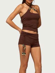 Women Summer 2 Piece Shorts Set Beaded Sleeveless Halter Crop Tops With Bodycon Shorts Drawstring Design Sexy Party Club Streetwear Outfit - Brown - View 5