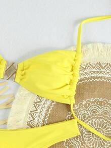 Conjunto de traje de baño de lujo con top de halter amarillo brillante y falda con lazo para playa y resort - Amarillo - Ver 5