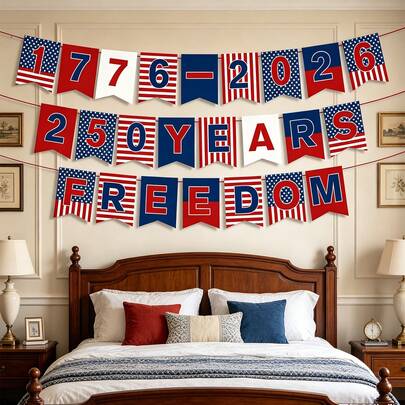 24 PCS July 4th Banner Decorations (1776 - 2026) - American Celebration Decorations, Patriotic Freedom Flag - 250th Anniversary - Red, White And Blue Independence Wreath - Suitable For Home Fireplace Shelves, Porch Walls As Party Supplies