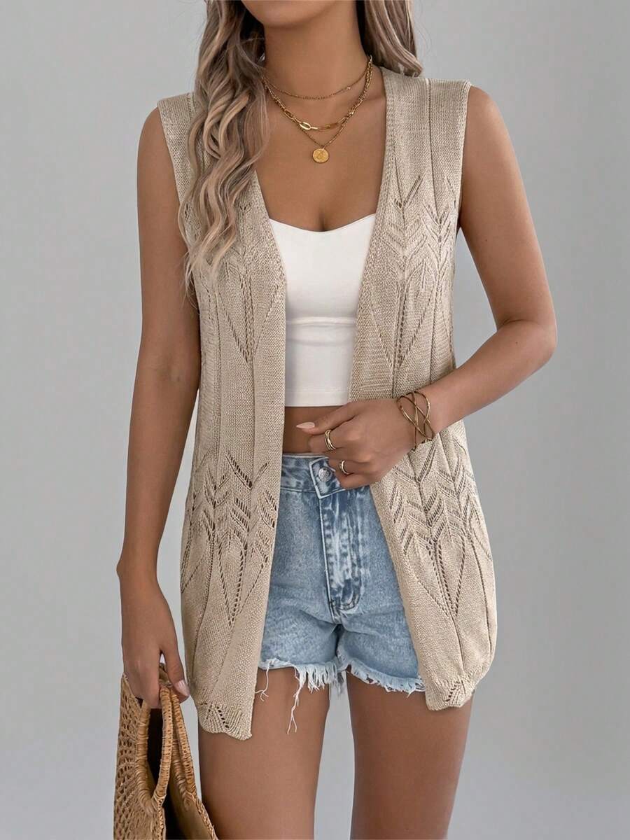 Women's Sleeveless Hollow Out Knit Cardigan, Solid Color Lightweight Jacket For Beach/Resort, Summer - Khaki - View 1