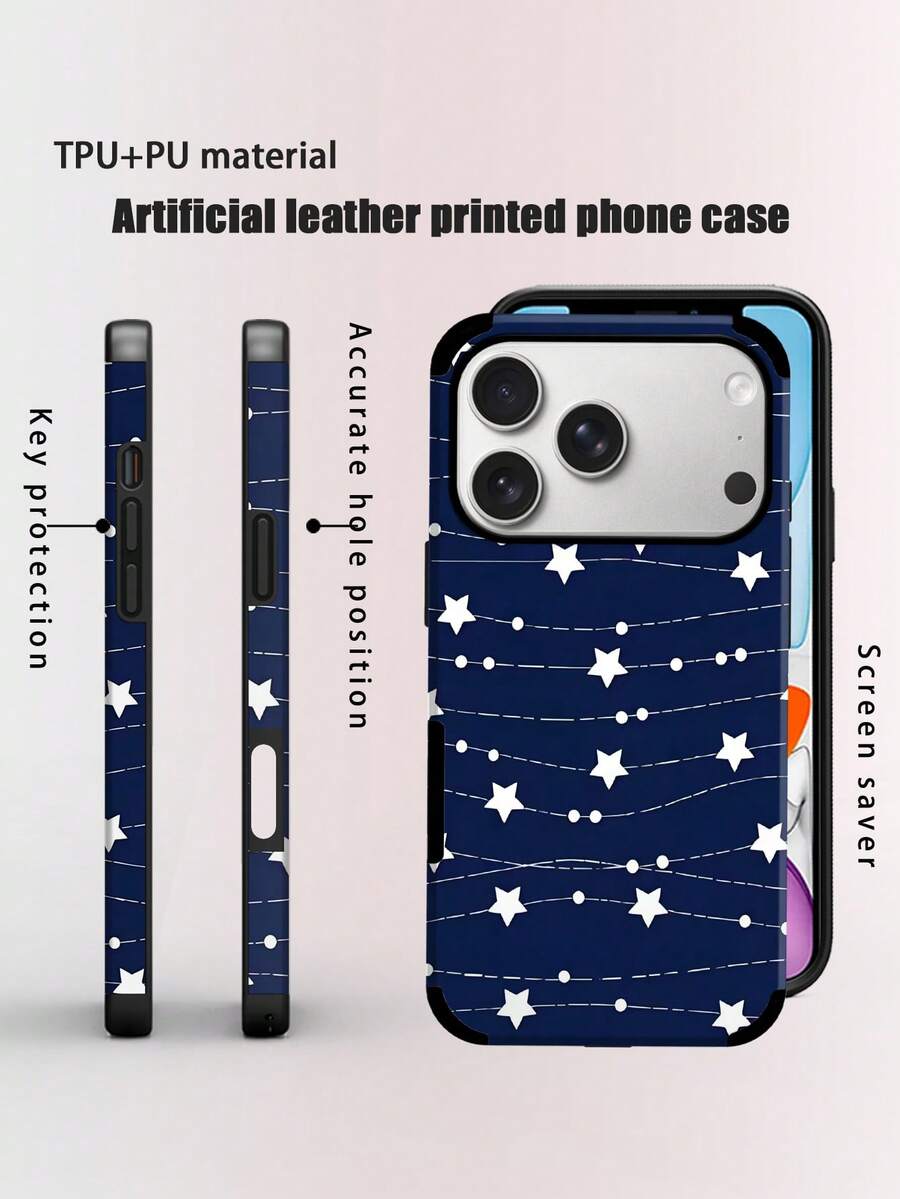 1pc Minimalist Star Pattern Faux Leather Soft Protective Shock-Proof Dustproof Handmade Skin Case Suitable For Apple 17 Pro Max/16 Pro Max/16 Plus/13 Pro Max/14 Pro Max 13 14 11 12 Pro 11/15 Pro, Galaxy S24 Ultra, With Speaker Hole Design, Suitable As Holiday Gift - Navy Blue - View 1