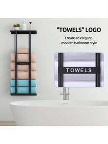 Wall Mounted Towel Rack With Shelf, 30-Inch Bathroom Towel Holder Holds 6 Rolled Large Towels, Space Saving Over-The-Toilet Towel Storage Organizer For Small Bathroom Apartment RV, Metal Hanging Rack With Top Shelf For Essentials, Easy Install - 黑色 - 查看 3
