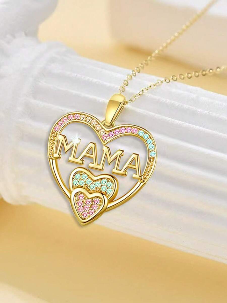 母亲节“MAMA”字母吊坠项链，优雅温暖的风格，精致的仿珍珠链，闪亮的几何心形吊坠设计，适合女性日常佩戴或作为母亲节礼物 - 金色 - 查看 1