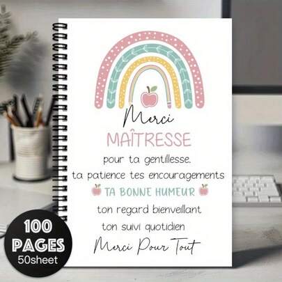 1 pièce Cahier à spirale arc-en-ciel pour professeur de français, fournitures scolaires et de bureau, cadeau de reconnaissance pour enseignant unisexe, cadeau d'adieu ou de remise des diplômes idéal pour remercier un professeur, livre de messages A5