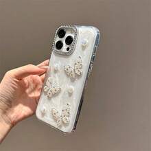 3D Pearl & Rhinestone Butterfly, Shell Texture Phone Case, Shiny Rhinestone Camera Frame, Transparent Shockproof Protective Cover For IPhone 17/16/15/14 Pro Max/13/12/11 Series, Fashionable Elegant Cute Gift For Girls - Clear - View 4