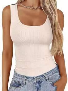 2026 Casual Clothing: Women'S Fitted Sleeveless Ribbed Scoop Neck Tops - White - View 6