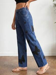 Women's Butterfly Print Straight Leg Jeans - Raw Hem Ankle Denim Pants With 5-Pocket Design For Feminine Streetwear Style (Comfortable Cropped Fit) ﻿ - Dark Wash - View 3