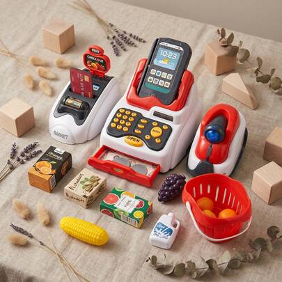 仿真超市收银机卡通购物机带音效，女孩男孩角色扮演玩具套装包括收银机扫描仪、信用卡机、游戏币和食品购物游戏物品，适合节日和生日礼物，迷你收银机，真实收银机，玩收银机