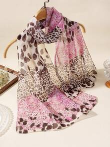 1pc Leopard & Polka Dot Print Casual Lightweight Breathable Fashion Scarf For Women, Spring/Summer,Holiday,Travel Essential - Pink - View 1