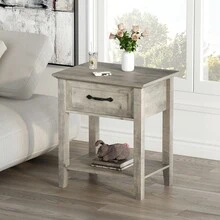 Juego de 2 mesitas de noche modernas – Mesas auxiliares de madera con cajón, estante abierto de 2 niveles – Mesita de noche cuadrada para dormitorio, sala de estar, dormitorio o oficina – Blanco y gris - Gris - Ver 8