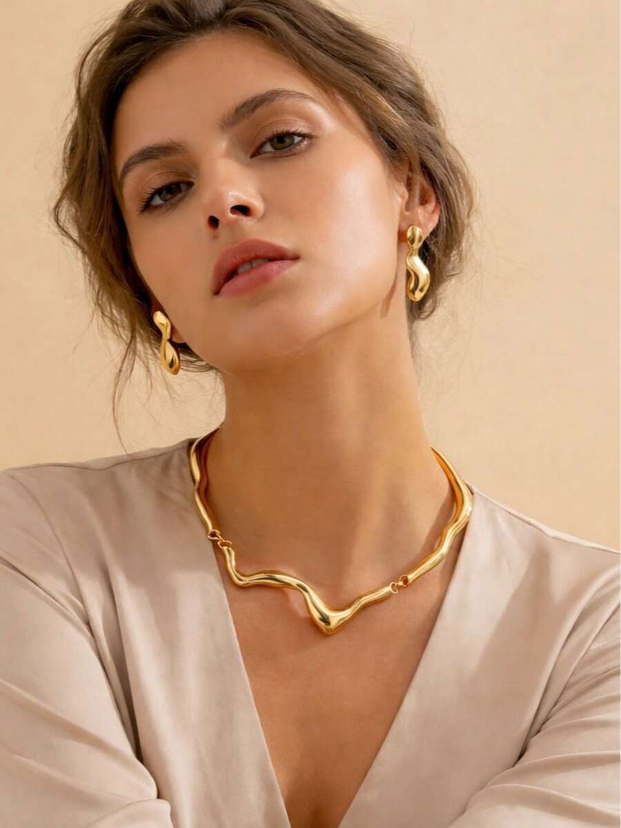 Conjunto Feminino Colar + Brincos Ondulados – Estilo Luxo Minimalista Dourado/Prata - Dourado - Visão 1