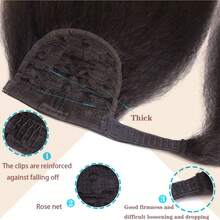 女士24英寸蓬松直马尾辫，环绕式魔术贴Yaki直马尾辫夹式合成加厚蓬松直马尾辫接发 - 黑色 - 查看 3