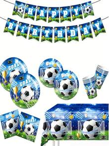 Football Birthday Party Decorations, Including Plates, Napkins, Cups, Tablecloth, Cake Toppers, Honeycomb Balloons, Suitable For 24 People - Multicolor - View 4