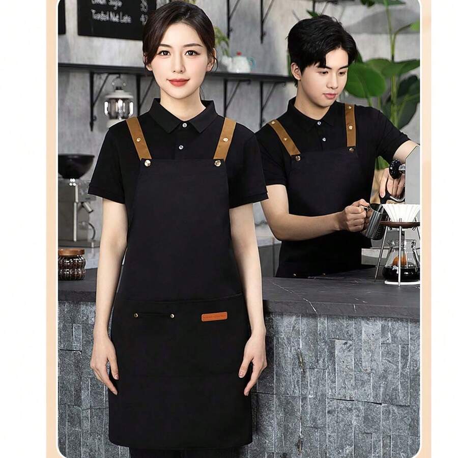 1PC Durable Canvas Work Apron, Waterproof Oil-Resistant Adjustable Bib Apron, Professional Utility Apron For Kitchen, Coffee Shops, Milk Tea Stores & Hair Salons, Stylish Unisex Workwear For Men And Women - Black - View 1
