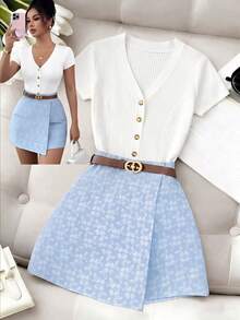 SHEIN Unity Women's Fashion Knit Deep V-Neck Short Sleeve Cinched Waist Button-Up Top With Metal Buttons And Designer Skort Set - White - View 7
