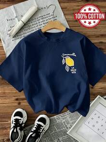 2026 T-Shirt Girocollo A Maniche Corte Da Donna A Tinta Unita, Top Super Ampio, 100% Cotone, Morbido E Confortevole, Casual Per Tutti I Giorni, Streetwear, Stampa Limone Diverten - 今天 - 查看 2