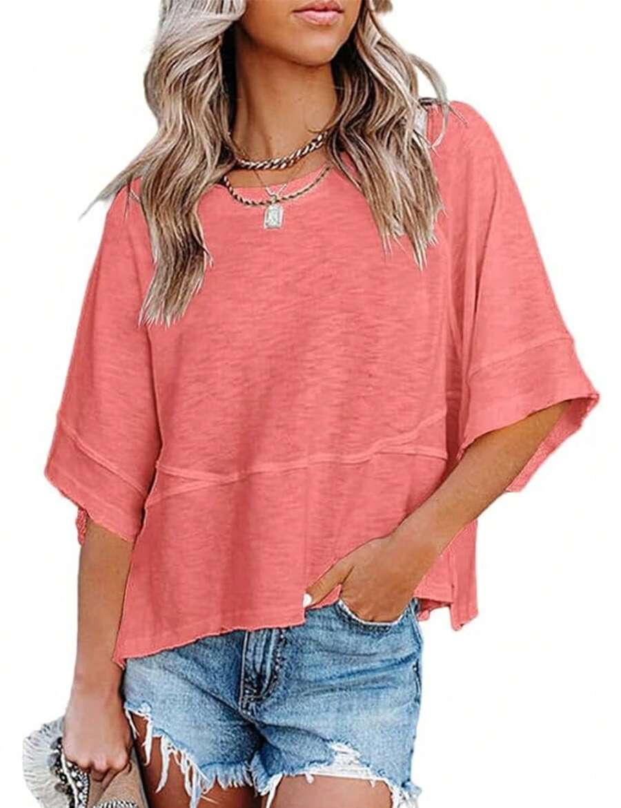Women's Casual Asymmetrical Neck Drop Shoulder Half Sleeve T-Shirt With Exposed Seam Details, Regular Length Loose Fit Top - 粉色 - 查看 1