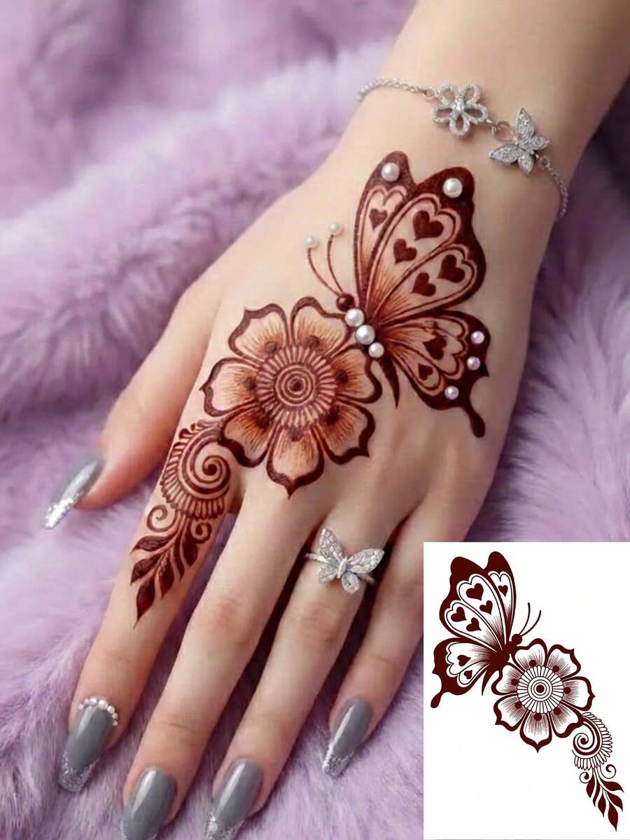 1 pieza Tatuaje temporal de estilo lavable con mariposa y flores de henna, para mano/dedo, tatuaje a prueba de agua de estilo vintage pintado a mano que dura 2-3 días - Rojo - Ver 1
