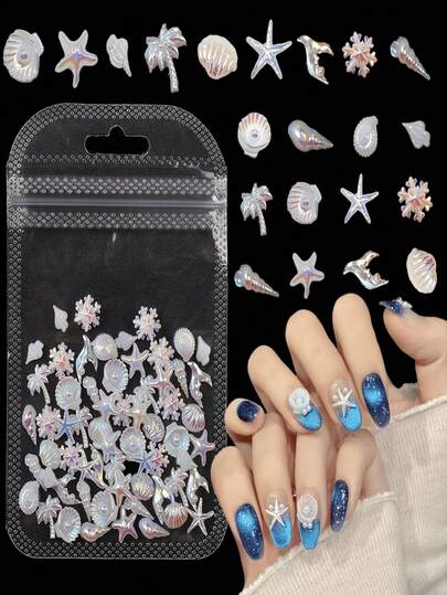 100pcs Aurora Iridescent Marine Style Nail Charms, Shell Starfish Seashell Coconut Tree, 3D Resin Nail Stickers, Nail Jewelry Marine Series Aurora Shell Starfish Seashell Snowflake 3D Resin Nail Additions