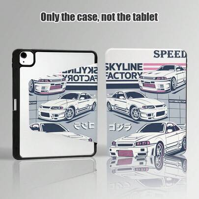 1个翻盖式桌面保护套，带笔槽，汽车轮廓和经典设计图案，360°旋转支架，内置笔槽，PU皮革材质，支持自动休眠/唤醒功能，兼容荣耀/苹果/及其他热门机型，适合作为返校季、情人节、节日礼物。