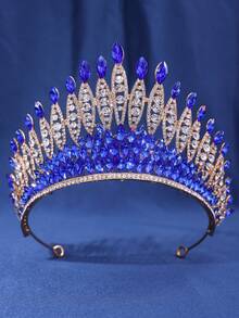 1 pieza Elegante corona con cristales de color champán para mujer, brillante y adecuada para eventos, galas y actuaciones de señoras, decoraciones de cumpleaños, diadema nupcial de aleación de zinc de lujo - Azul - Ver 1