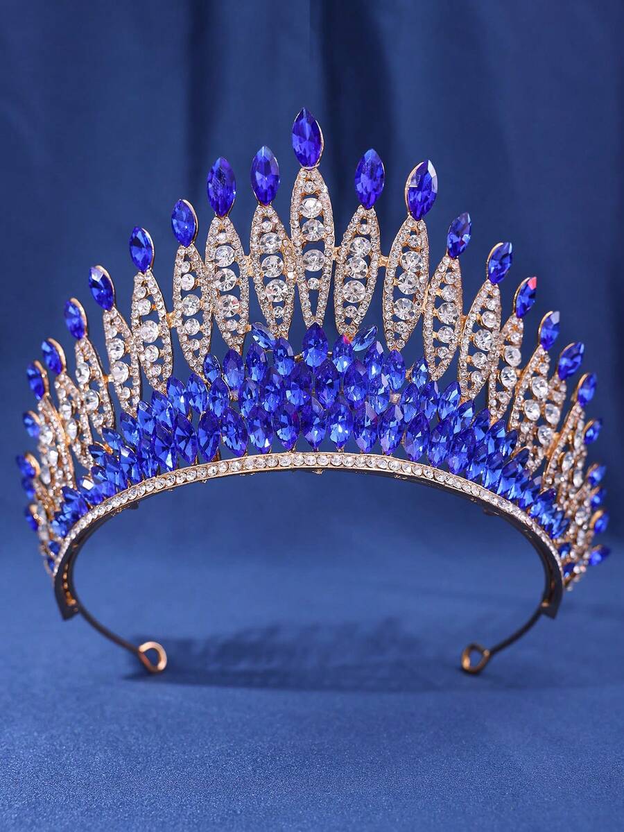 1 pieza Elegante corona con cristales de color champán para mujer, brillante y adecuada para eventos, galas y actuaciones de señoras, decoraciones de cumpleaños, diadema nupcial de aleación de zinc de lujo - Azul - Ver 1