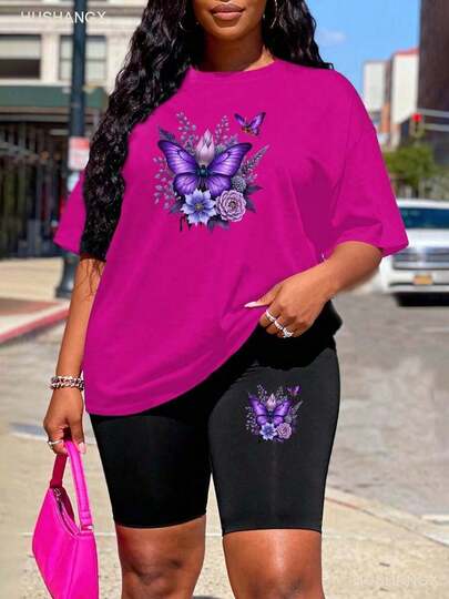 2-Piece Plus Size Women's T-Shirt Set, Purple Butterfly And Floral Bouquet Print, Casual Oversized Outfit, Summer Wear , Casual Summer Sporty Outfit