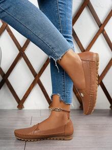 Mocassins plats pour femmes grande taille, cousus et découpés au laser, chaussures plates confortables et simples pour la maison. - Camel - Voir 3