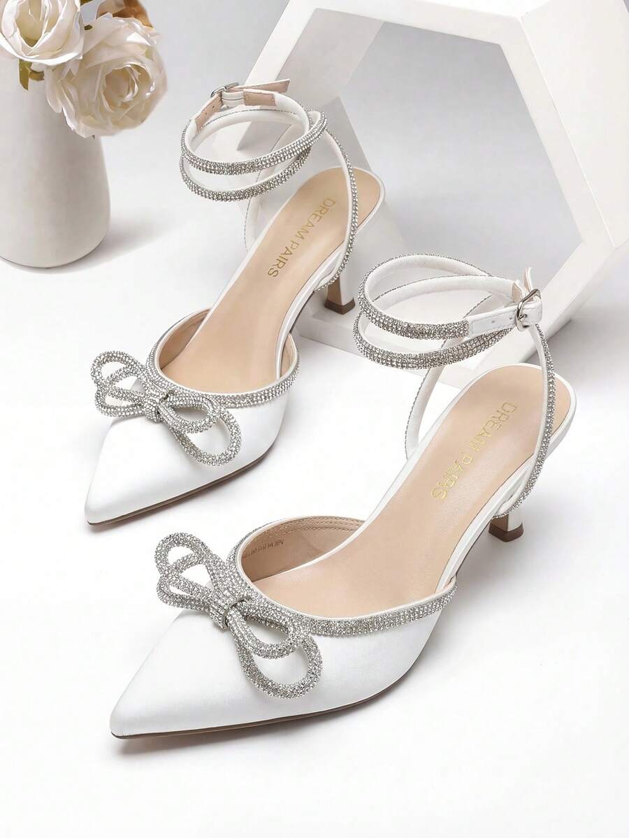 Kitten Heels Rhinestone Bow Ankle Strap Stiletto Pointed Closed Toe Heels For Women Pumps Wedding Bridal Party Dress Shoes - White - View 1