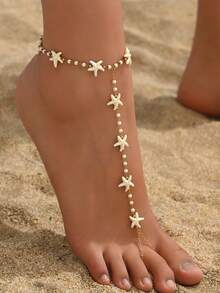 1pc Bohemian Starfish & Faux Pearl Beaded Anklet Chain, Suitable For Daily, Beach, Vacation Casual Wear, Women Summer Accessory - White - View 1