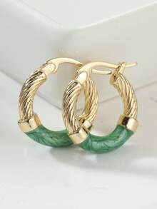 Vintage Gold & Green Geometric Bohemian Style Hoop Earrings, Delicate Minimalist Small Hoop Earrings For Women - Gold - View 6
