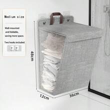 1PC Beige/Gray Hanging Laundry Hamper With Lid, Large-Capacity Wall-Mounted Clothes Storage Bag, Home Storage & Organization, Minimalist Style, Linen-Like Material, Rectangular Shape, With Visible Mesh Window & Leather Handle - Multicolor - View 11