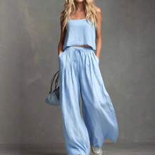 Fashionable Women's Solid Color Casual Cotton-Linen Camisole Top And Wide-Leg Pants Set - 黑色 - 查看 2