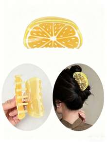 1pc Women's Elegant Sweet Versatile Fresh Lemon Yellow Semi-Circle Acrylic Non-Slip Durable Fashion Large Hair Clip, Suitable For Spring/Summer Daily Use And Gift - Yellow - View 2