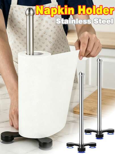 1pc Stainless Steel Napkin Holder, Single Bar Toilet Paper Dispenser, Kitchen/Dining Table Paper Towel Organizer With Suction Cup Bracket, Desktop Storage Rack, Metal Shelf, Home Supplies, Kitchen Decor, Kitchen Accessories