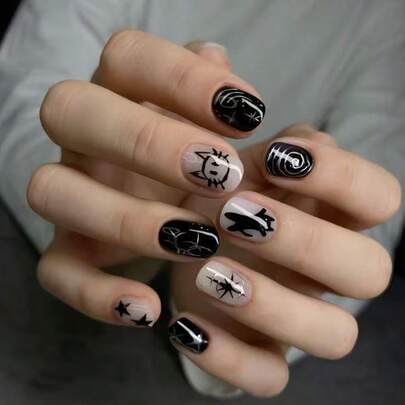 24pcs Short Square Press-On Nails, Black, Silver Pattern, Cute Cat And Star Design, Gothic Punk Style, Glossy Full Cover, Suitable For Men Boys Daily Wear Fake Nails
