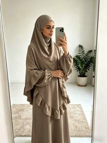 两件套穆斯林女性祈祷服套装，长袖宽松长袍，祈祷头巾，适合节日穿着 - 彩色 - 查看 7