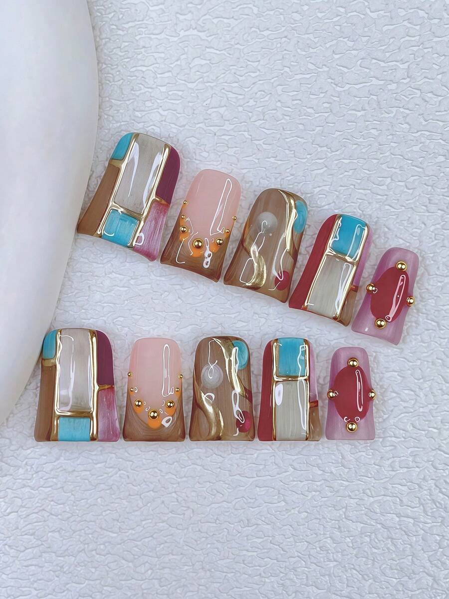 Bộ 10 móng giả Y2K Nails Chic Duckbill - Làm thủ công, móng màu hồng, móng màu nâu, móng kiểu Pháp màu nâu, móng mắt mèo nhiều màu sắc thủ công, thiết kế họa tiết mắt mèo kẻ ô và vàng vẽ tay, trang trí bằng những viên bi thép nhỏ lấp lánh màu vàng, móng tay tinh tế và duyên dáng - Hoàn hảo cho các bữa tiệc và trang phục thường ngày. - Nhiều màu - Xem 1
