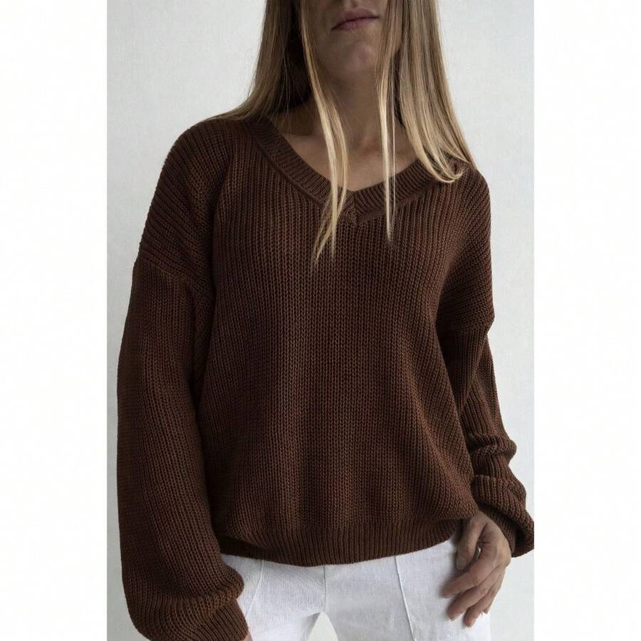 Knitted Blouse Sweater V Neck Knitting Fang Point Puff Sleeve Winter - Coffee Brown - View 1
