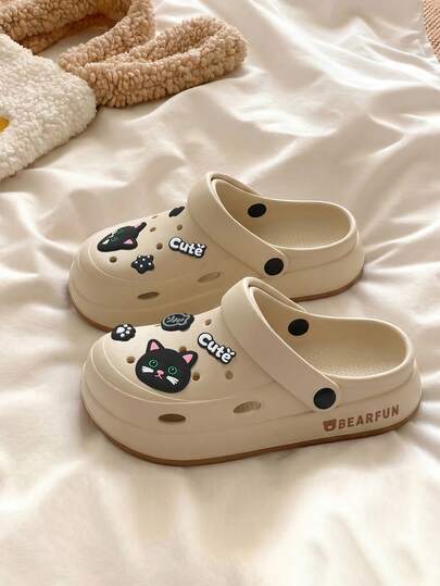  MAOLI 黑色豹纹小猫卡通可爱女士休闲家居拖鞋，夏季新款镂空透气平底鞋，黑色小猫装饰，轻便舒适，女士款