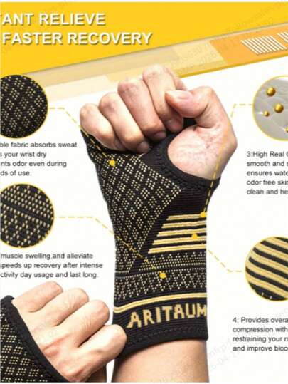 1 paire de gants de support pour les poignets et les paumes infusés de cuivre ARTITUM - Protection des mains de haute qualité en nylon, noir avec des accents dorés, convient pour le basketball, le tennis, la dactylographie et les travaux ménagers - Réglable