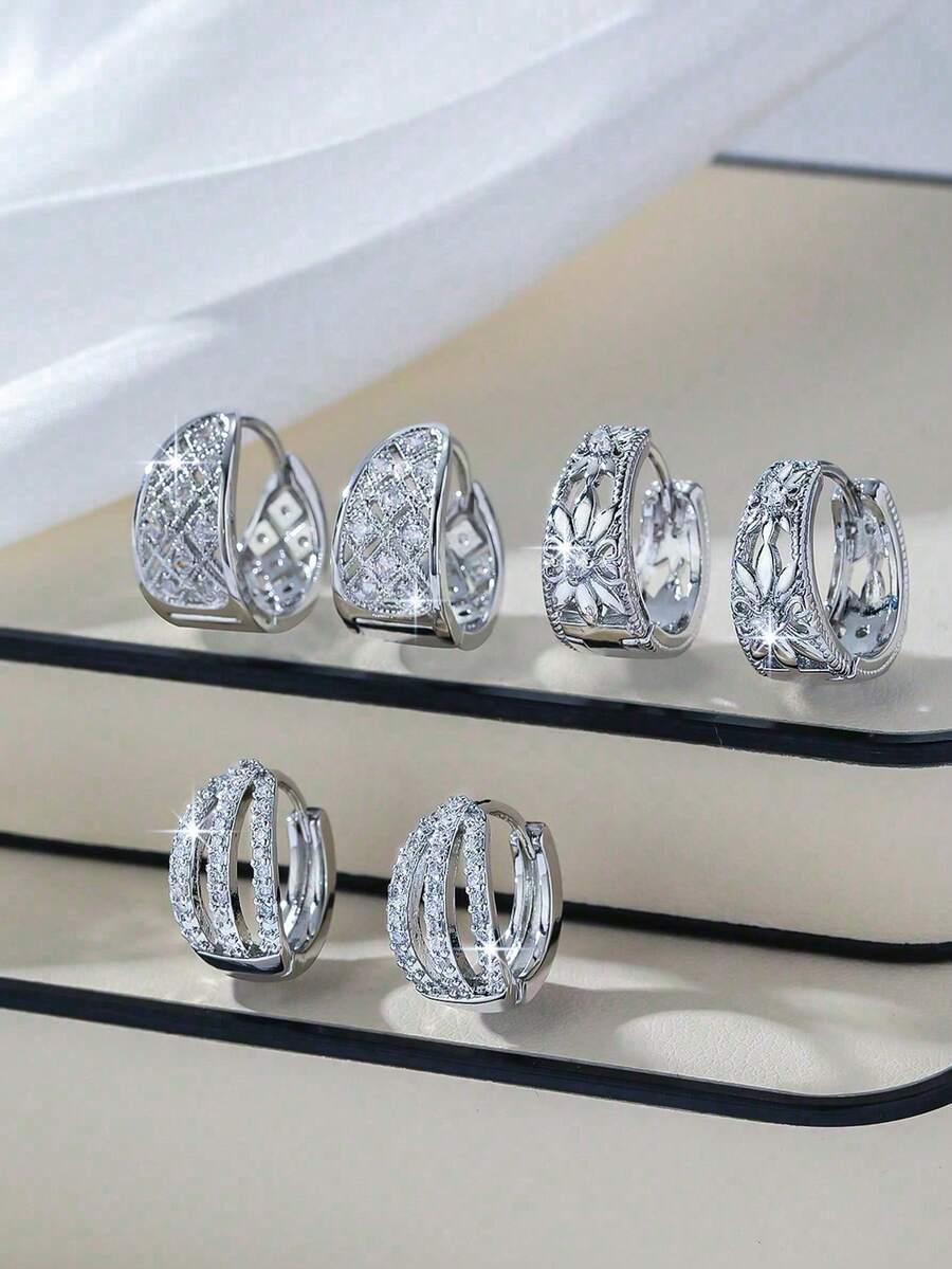 1 Pair Women's Vintage Carved Zirconia Hoop Earrings, Delicate & Unique, 3 Styles Available, Suitable For Daily, Commute, Dating, Elegant & Charming, Sparkling Zirconia Won't Fade, Ideal Gift For Mom, Girlfriend - Silver - View 1
