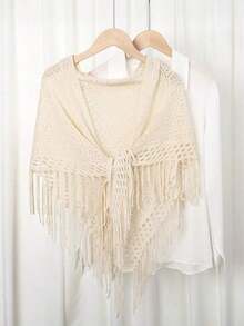 1pc Women's Solid Color Triangular Tassel Knit Scarf Shawl, Autumn/Winter For Dress - 02-màu be - Xem 5